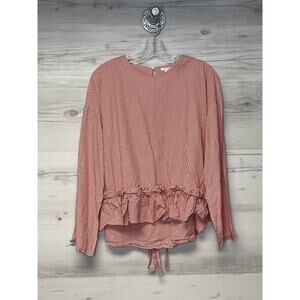 H&M Blouse Womens 14 Red White Striped Long Sleeve Ruffle Hem Peplum Top